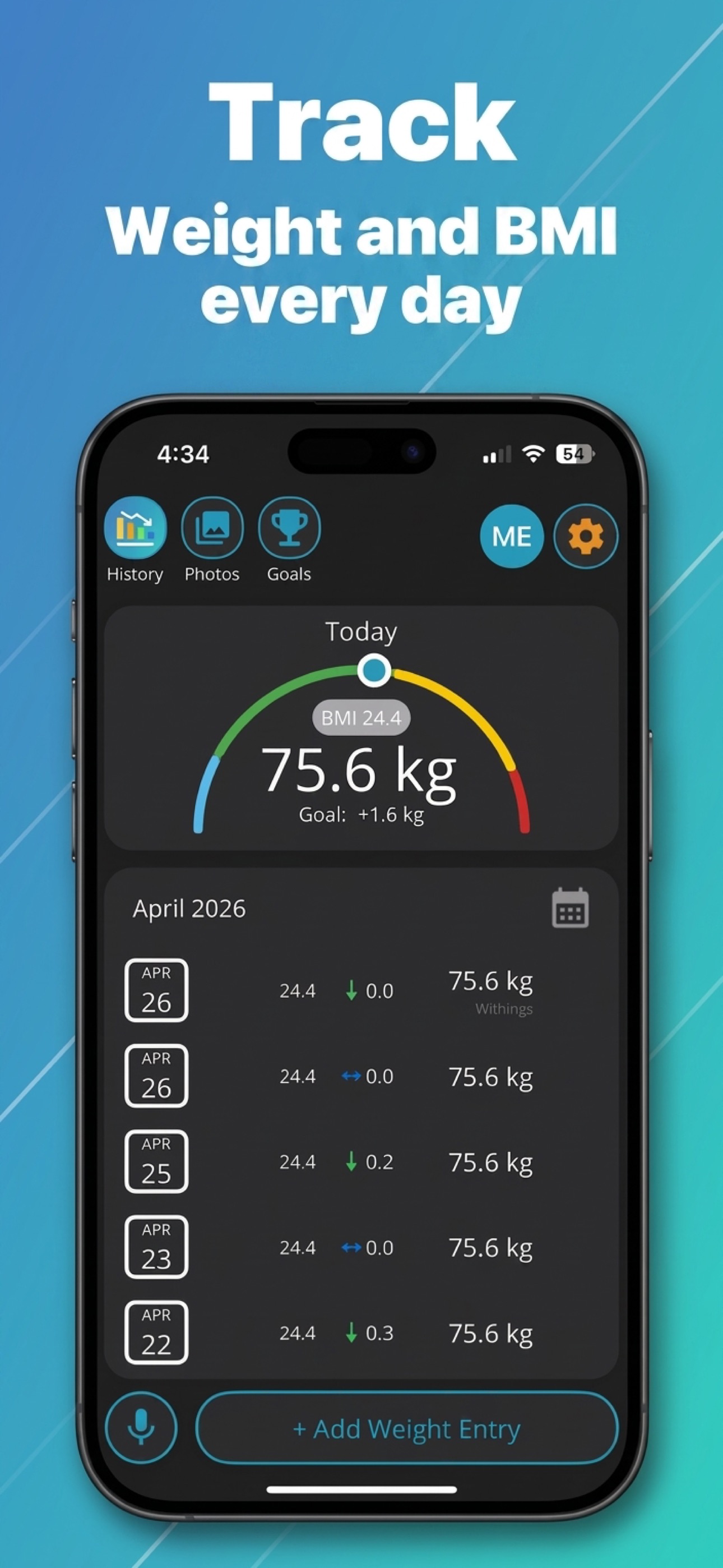WeightTrack main screen — track weight and BMI
