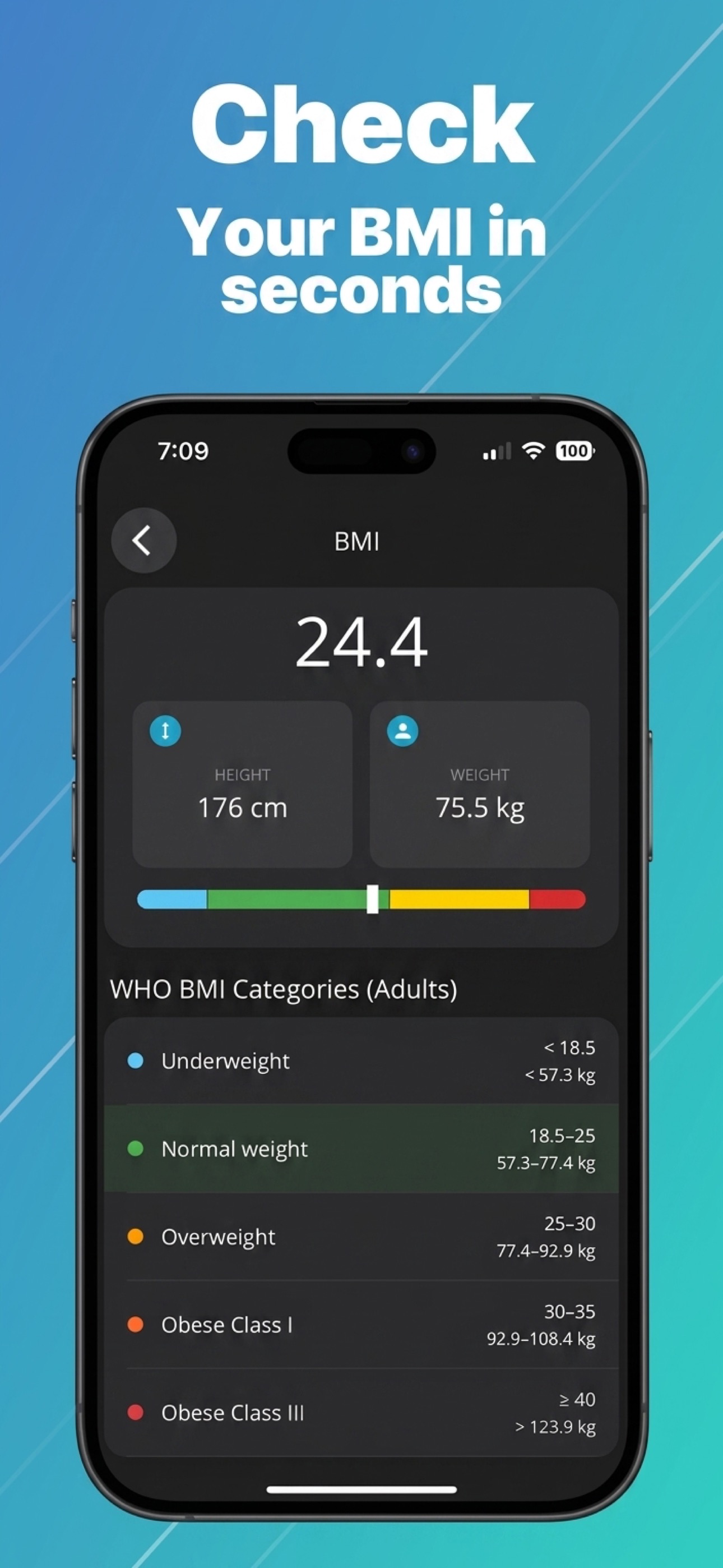 WeightTrack BMI calculator with WHO categories