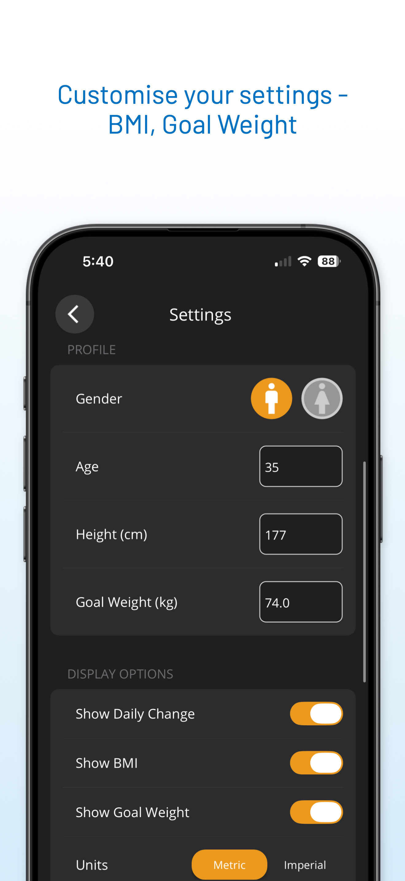 WeightTrack settings and BMI