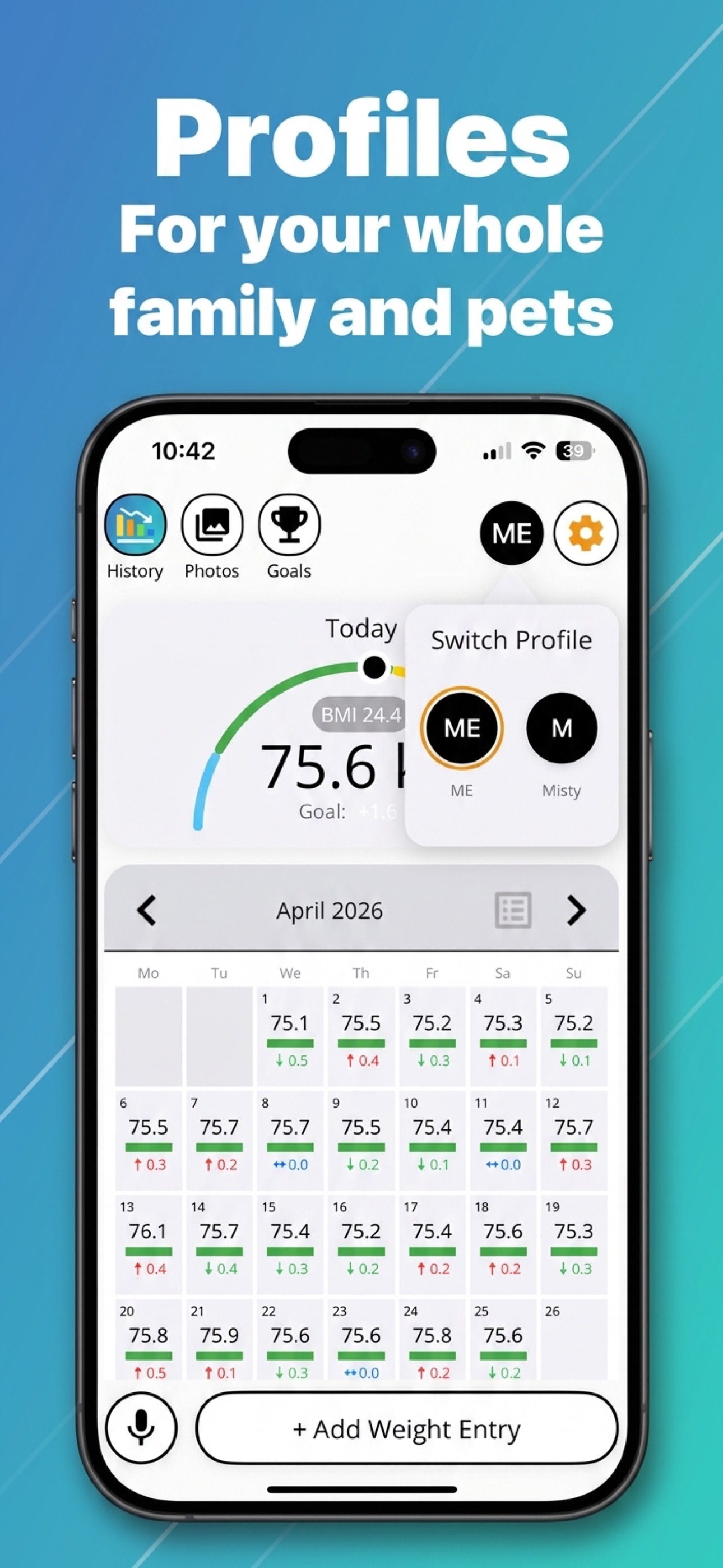 WeightTrack profiles for your whole family and pets