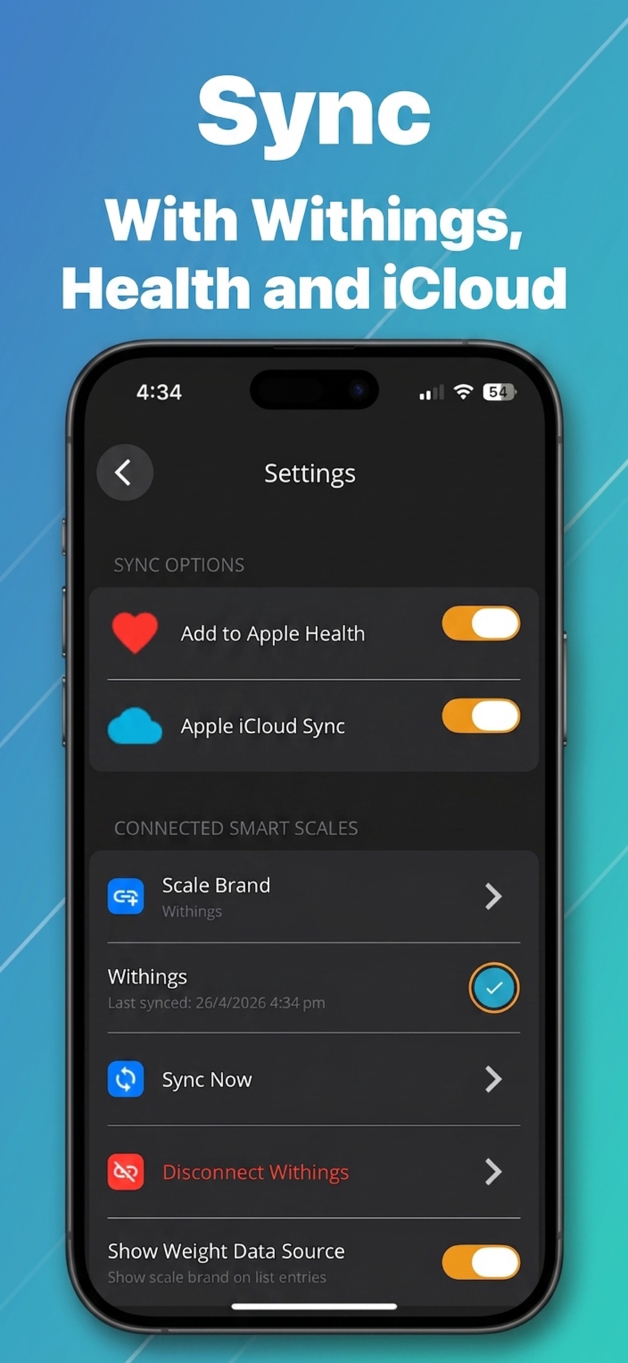 WeightTrack sync settings — Withings, Apple Health and iCloud